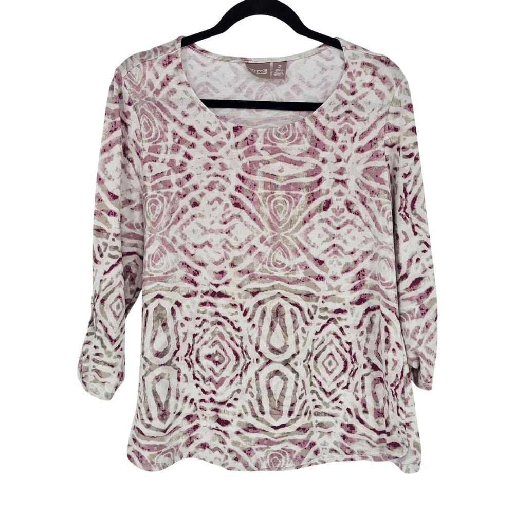 Chico's Knit Top Womens 2 L White Pink Geometric Roll Tab 3/4 Sleeve Pullover